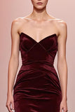 Sereia Vermelha Escura Veludo Ruched Strapless Vestido de Noite Longo