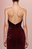 Sereia Vermelha Escura Veludo Ruched Strapless Vestido de Noite Longo