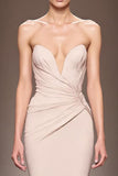 Champagne Cetim Sereia Strapless Ruched Long Evening Dress