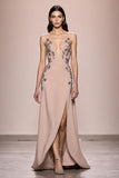 Champagne A Line Long Satin Vestido de Noite Com Fenda