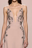Champagne A Line Long Satin Vestido de Noite Com Fenda