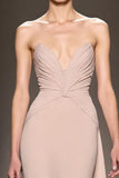 Champagne Cetim Strapless Ruched Maxi Vestido de Noite