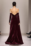 Vestido de noite de veludo longo sem alças vermelho escuro com fenda