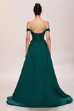 Cetim verde claro uma linha vestido de noite longo com apliques