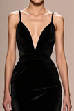 Veludo Preto Esparguete Correias Backless Vestido de Noite