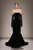 Preto Strapless Long Velvet Vestido de Noite