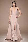 Champagne A Line Satin Ruched Maxi Vestido de Noite com Fenda
