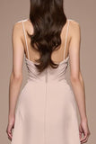 Champagne A Line Satin Ruched Maxi Vestido de Noite com Fenda