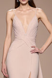 Champagne A Line Satin Ruched Maxi Vestido de Noite com Fenda