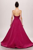 Fuchsia cetim uma linha Ruched Strapless longo vestido de noite com fenda