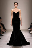 Sereia Preto Veludo Strapless Vestido de Noite Longo