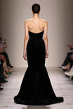 Sereia Preto Veludo Strapless Vestido de Noite Longo