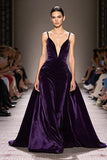 Veludo roxo escuro uma linha profunda V-neck longo vestido de noite