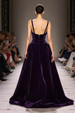 Veludo roxo escuro uma linha profunda V-neck longo vestido de noite