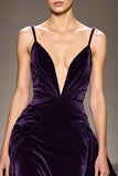 Veludo roxo escuro uma linha profunda V-neck longo vestido de noite