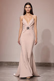 Champagne cetim Ruched Maxi Vestido de Noite