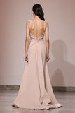 Champagne cetim Ruched Maxi Vestido de Noite