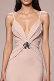 Champagne cetim Ruched Maxi Vestido de Noite