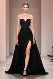 Preto Uma linha de cetim frisado querida vestido de noite com fenda