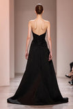 Preto Uma linha de cetim frisado querida vestido de noite com fenda