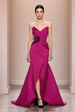 Fuchsia cetim uma linha sem alças longo vestido de noite com flor 3D