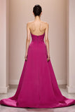 Fuchsia cetim uma linha sem alças longo vestido de noite com flor 3D