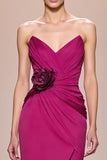 Fuchsia cetim uma linha sem alças longo vestido de noite com flor 3D