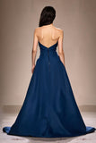 Azul escuro Strapless A-Line Ruched longo vestido de noite com fenda