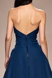 Azul escuro Strapless A-Line Ruched longo vestido de noite com fenda