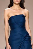 Azul escuro Strapless A-Line Ruched longo vestido de noite com fenda
