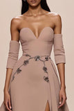 Champagne Sweetheart Appliques Vestido de Noite com Fenda