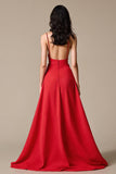 Cetim vermelho A-Line espaguete correias longo vestido de noite com fenda