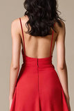 Cetim vermelho A-Line espaguete correias longo vestido de noite com fenda