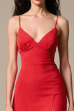 Cetim vermelho A-Line espaguete correias longo vestido de noite com fenda