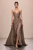 Café Cetim A-Line Ruched Strapless Vestido de Noite Longo