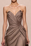 Café Cetim A-Line Ruched Strapless Vestido de Noite Longo