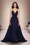 Azul escuro A-Line Ruched Spaghetti Straps Vestido de noite longo