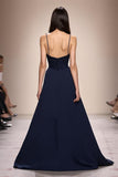 Azul escuro A-Line Ruched Spaghetti Straps Vestido de noite longo