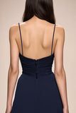 Azul escuro A-Line Ruched Spaghetti Straps Vestido de noite longo