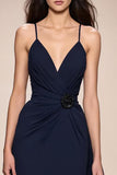 Azul escuro A-Line Ruched Spaghetti Straps Vestido de noite longo