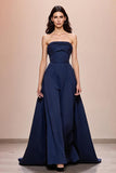 Azul escuro A-Line cetim sem alças longo vestido de noite
