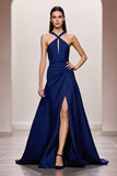 Azul escuro A-Line cetim Halter Ruched longo vestido de noite com fenda