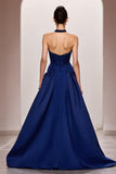 Azul escuro A-Line cetim Halter Ruched longo vestido de noite com fenda