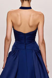 Azul escuro A-Line cetim Halter Ruched longo vestido de noite com fenda