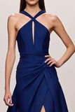 Azul escuro A-Line cetim Halter Ruched longo vestido de noite com fenda