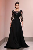 Preto A-Line Appliqued Vestido de Noite Longo com Renda