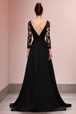 Preto A-Line Appliqued Vestido de Noite Longo com Renda