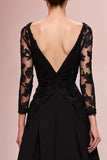 Preto A-Line Appliqued Vestido de Noite Longo com Renda