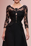 Preto A-Line Appliqued Vestido de Noite Longo com Renda