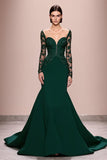 Dark Green Sereia Renda Mangas Longo Vestido de Noite com Apliques